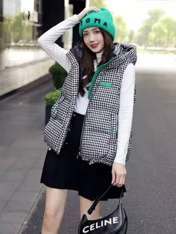 2023冬装新款韩版显瘦格子马甲大码外套羽绒棉马夹千鸟格时尚背心商品大图