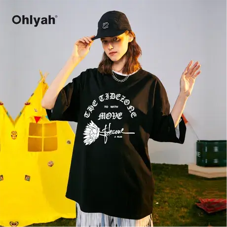 Ohlyah白色玫瑰花卉半圈字母印花短袖纯棉内搭情侣T恤男女款潮牌商品大图