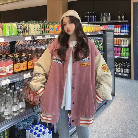 tmo潮棒球服女灯芯绒宽松撞色拼接运动嘻哈中性风bf原宿短外套女商品大图