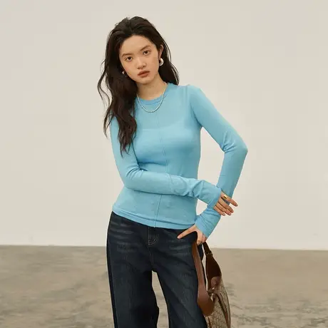 omont蛋挞家 复古圆领羊毛打底衫女2023秋季新款修身内搭针织毛衣图片