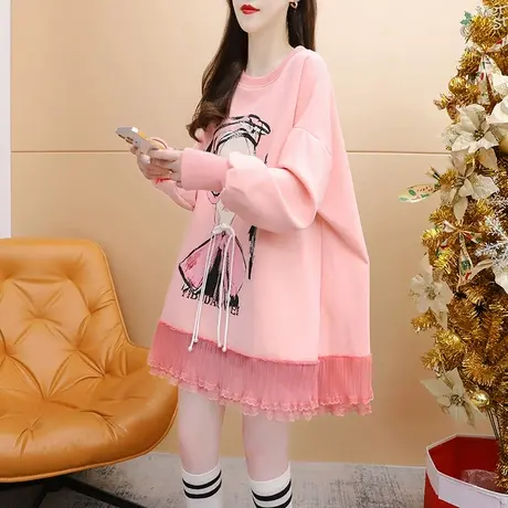 网红设计感拼接卫衣女中长款2023新款早秋洋气减龄宽松慵懒风上衣图片