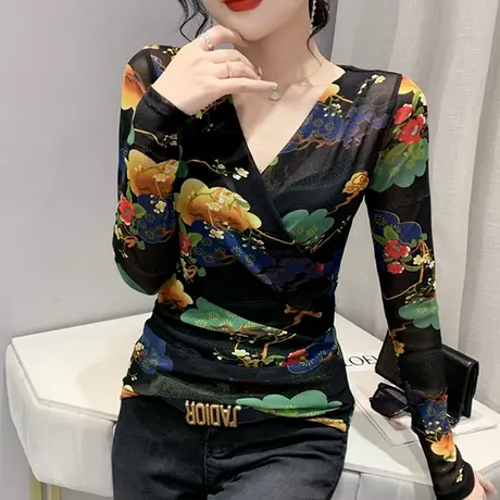复古印花网纱上衣女长袖2023秋季新款性感交叉V领T恤修身打底衫潮商品大图