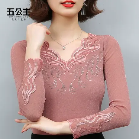 五公主低领蕾丝打底衫新款春秋时尚小衫洋气内搭女装网纱内搭上衣商品大图