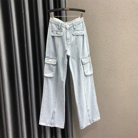 韩版时尚百搭高腰直筒裤女23夏季新款辣妹休闲工装显瘦牛仔拖地裤图片