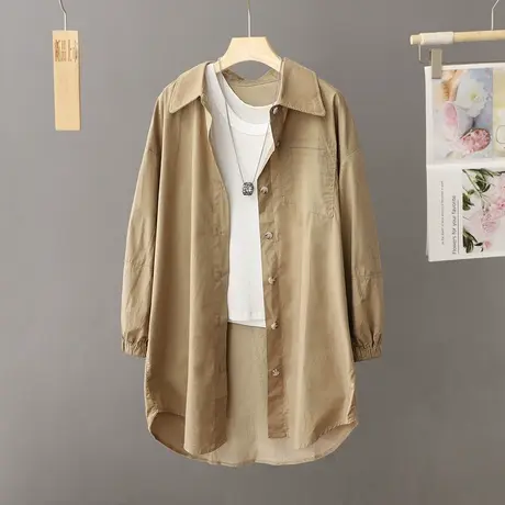 休闲衬衫外套女宽松中长款春秋季2023新款大码衬衣开衫外穿上衣女商品大图