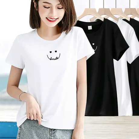 白色修身印花t恤女夏季正肩女装2023年新款纯棉短袖上衣半袖体恤图片