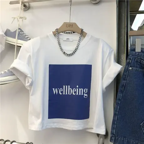 短袖t恤女2021夏季新款韩版宽松显瘦休闲字母垫肩短款体恤上衣服商品大图
