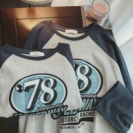 美式复古印花圆领T恤女2023年春季辣妹短款设计感长袖上衣ins潮商品大图