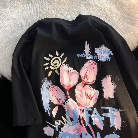 美式潮牌卡通黑色t恤女新款纯棉圆领ulzzang内搭上衣ins潮短袖夏商品大图