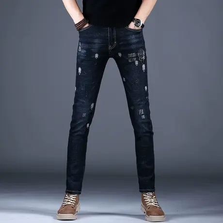 2023男士新款牛仔裤男款百搭修身小脚裤子烫钻花时尚潮牌弹力百搭商品大图
