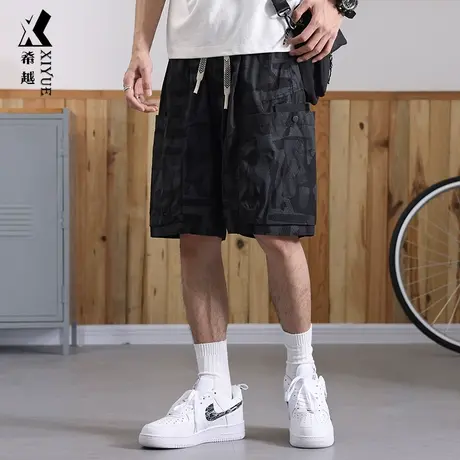 希越夏季黑色迷彩大口袋工装短裤男薄撞色休闲五分裤宽松胖子中裤商品大图