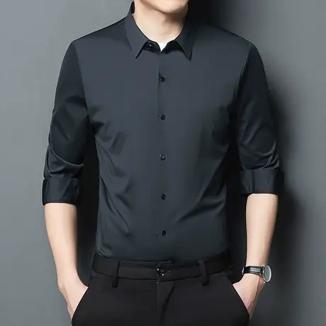长袖衬衫男士春秋季纯色休闲薄款上衣高档无痕免烫长袖衬衣男装商品大图