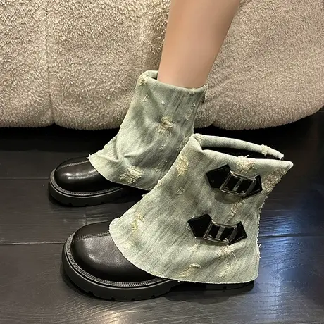 设计感小众牛仔布裤管靴女2023年新款厚底烟筒马丁靴显瘦春秋短靴图片