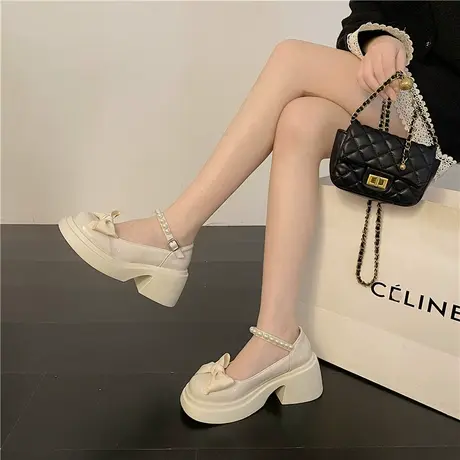 法式玛丽珍小皮鞋女2023春新款厚底增高蝴蝶结配裙子粗跟高跟单鞋商品大图