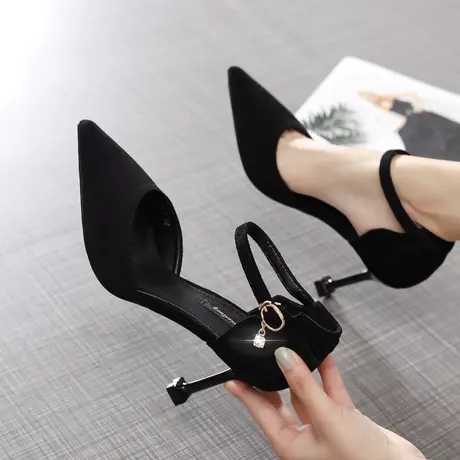 2023新款ins网红一字带高跟鞋女细跟性感百搭少女尖头中空单鞋春图片