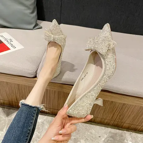 2023年春季新款蝴蝶结水钻新娘结婚单鞋性感气质尖头高跟鞋女细跟图片