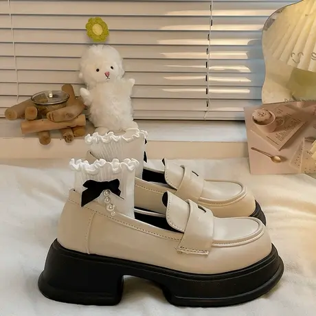 黑色英伦风春季jk小皮鞋女2023年新款百搭圆头一脚蹬厚底乐福单鞋商品大图