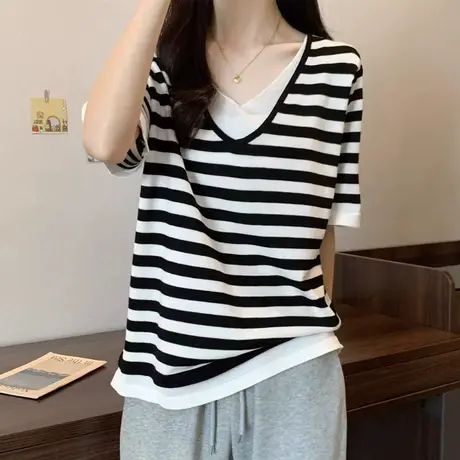 大码女装假两件上衣短袖t恤胖MM夏季新款条纹显瘦时尚针织衫200斤商品大图