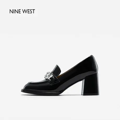 Nine West/玖熙水钻复古厚底乐福鞋春季新款粗跟漆皮深口单鞋女图片