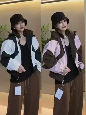 撞色夹克女2023初秋新款连帽立领短款小个子百搭设计感洋气薄外套图片