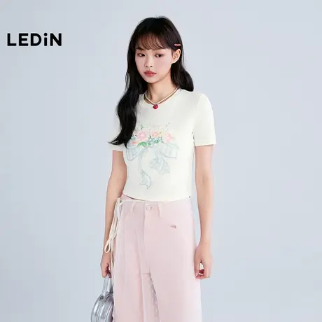 【商场同款】乐町设计感系带短袖女夏季新款水彩花卉T恤C1CNF2604图片