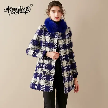 【1件7.9折】秋季新款时尚大气百搭毛呢外套中长款格子羊毛大衣女图片