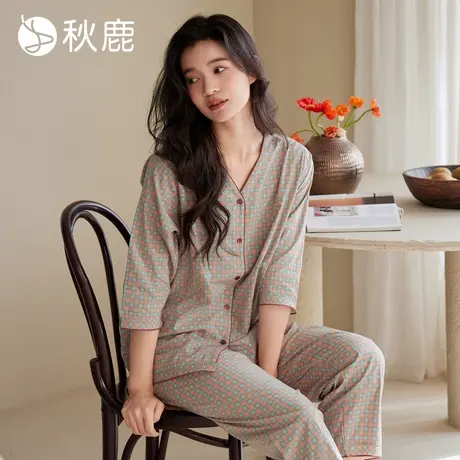 秋鹿轻盈透气抗皱梭织棉睡衣女春夏格子七分袖家居服套装可外穿图片