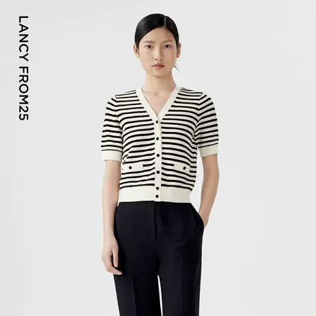 LANCY/朗姿2024夏季新款V领短款黑白条纹针织开衫女气质短袖上衣商品大图