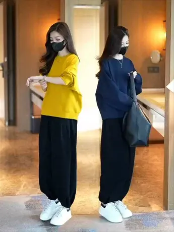 欧洲站2023新款慵懒宽松纯色加厚卫衣女+百搭九分哈伦卫裤两件套商品大图