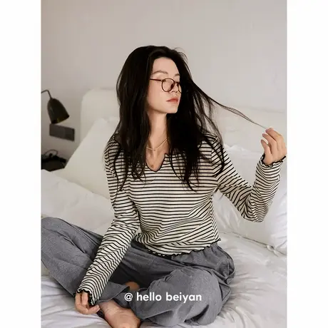 贝妍睡衣女春秋柔软莫代尔棉长袖家居服气质显瘦条纹运动短款套装商品大图