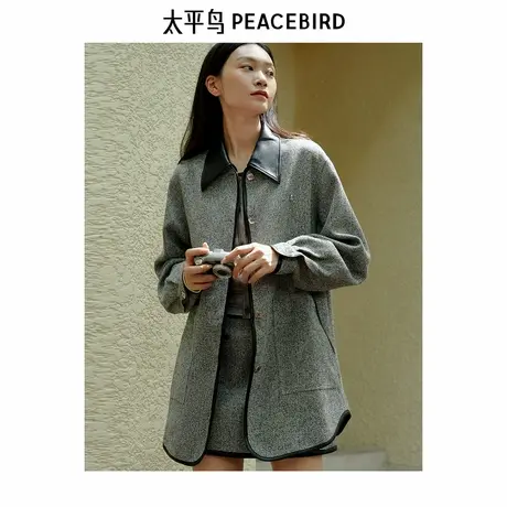 太平鸟女装年冬季新款花灰PU包边大衣A1AAE4191图片