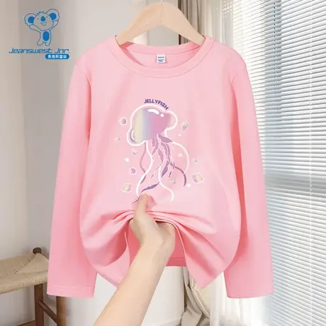 JU真维斯童装2025秋季新款 男女童同款160g纯棉重磅圆领长袖T恤图片