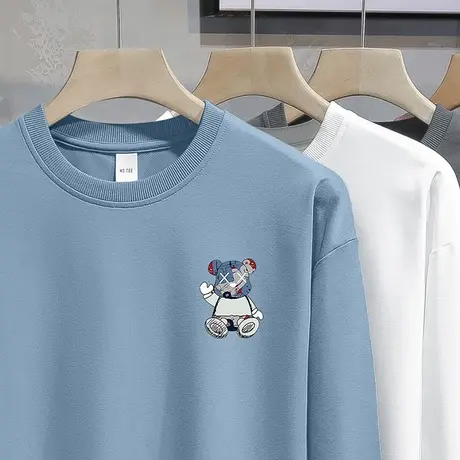2023新款圆领卫衣男潮ins春秋款加绒套头无帽上衣宽松小熊长袖t恤商品大图