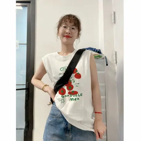 番茄印花2025新款外穿工字背心女白色夏纯棉宽松坎肩美式无袖t恤商品大图