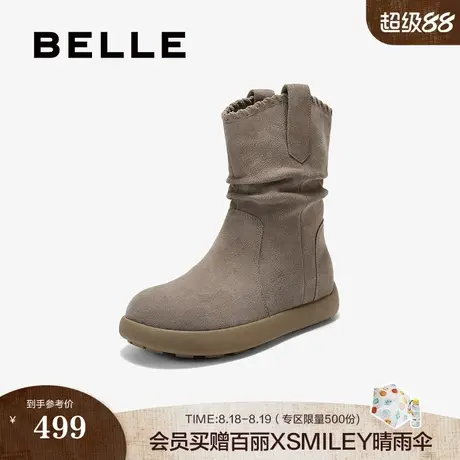 百丽复古堆堆西部休闲靴女2025冬季新款显瘦牛仔短靴子B2826DZ5预图片