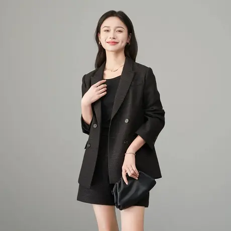 娅丽达通勤宽松双排扣黑色西装外套女2025新款小个子高端职业西服商品大图
