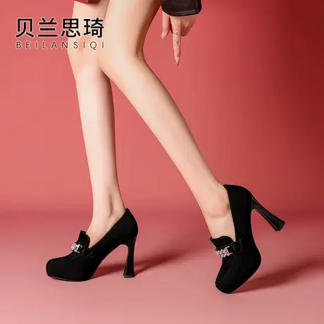 磨砂真皮水钻圆头中口粗跟单鞋女2025春秋新款法式防水台高跟鞋商品大图