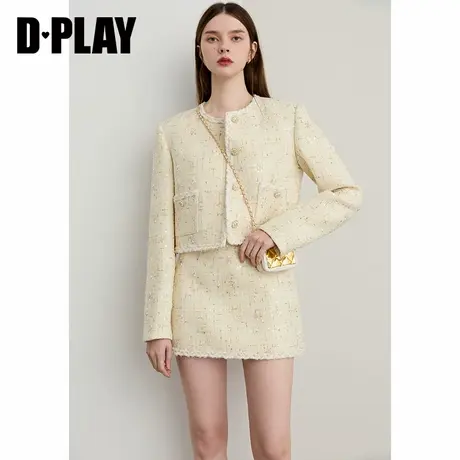 DPLAY【鎏金小香系列】2025秋季新款白色外套女含羊毛粗花呢上衣商品大图
