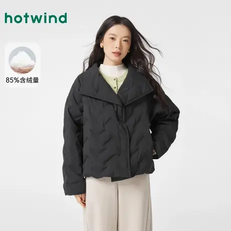 热风翻领羽绒服2024年冬季新款女款轻盈黑色压胶立领保暖羽绒服商品大图