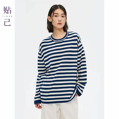 TINGE贴己圆领oversize条纹含羊毛可机洗针织衫女早秋长袖T恤上衣商品大图