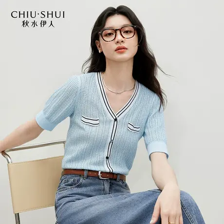 秋水伊人时尚百搭短袖2025年夏季商场同款女气质装饰口袋毛针织衫商品大图