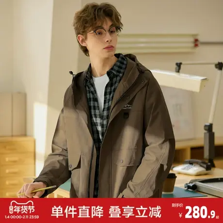 【三防】唐狮2026春季新款男连帽外套咖色冲锋少年上衣工装外套潮图片