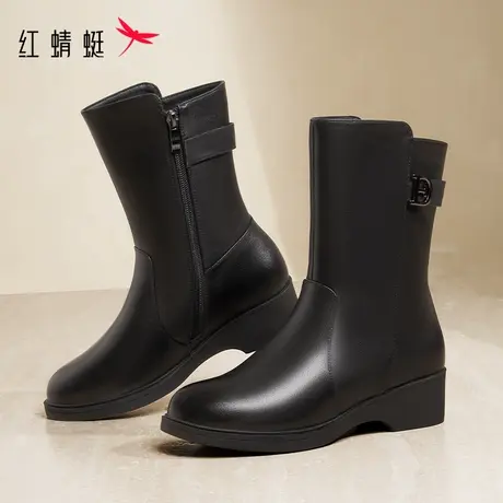 红蜻蜓女鞋2025冬新款舒适保暖皮靴加绒中老年中筒靴休闲百搭棉鞋图片