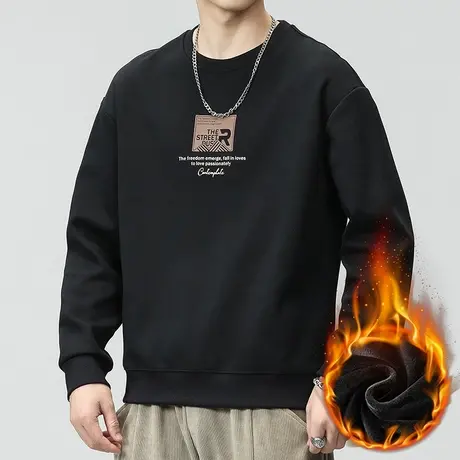 冬天男装加绒加厚保暖冬季圆领卫衣秋冬款黑色长袖上衣2023年新款商品大图