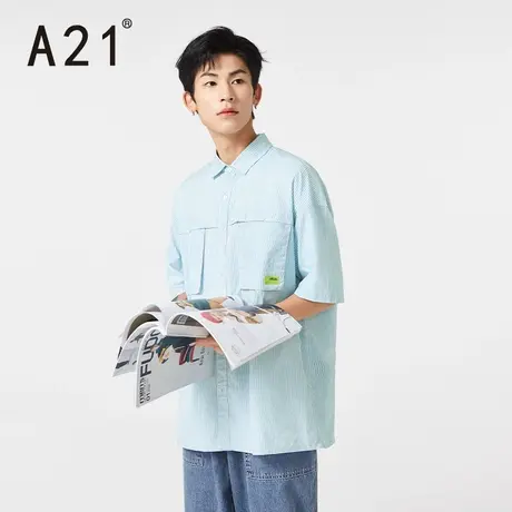 A21outlets夏季男装 宽松翻领短袖衬衫男士潮牌港风条纹工装衬衣图片