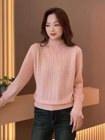 秋季新款气质半高领薄款打底衫镂空长袖内搭小衫洋气减龄ins上衣商品大图