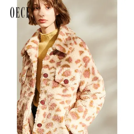 【买1送1】oece秋冬新款女装吸睛力复古翻领温暖豹纹毛绒棉衣外套商品大图