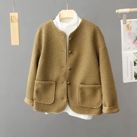 羊羔毛外套女秋冬装新款2023年爆款小个子洋气圆领小香风毛绒外套图片