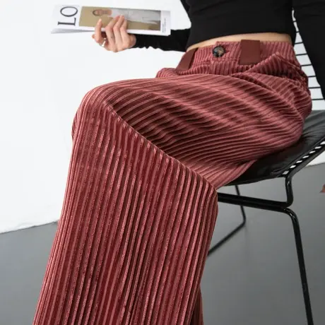 焦糖色裤子女秋冬加厚薄绒金丝绒阔腿裤休闲直筒垂感高级感条绒裤图片