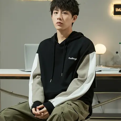 唐狮黑色连帽卫衣男士春秋季拼接帽衫刺绣卫衣青少年外套上衣潮流图片
